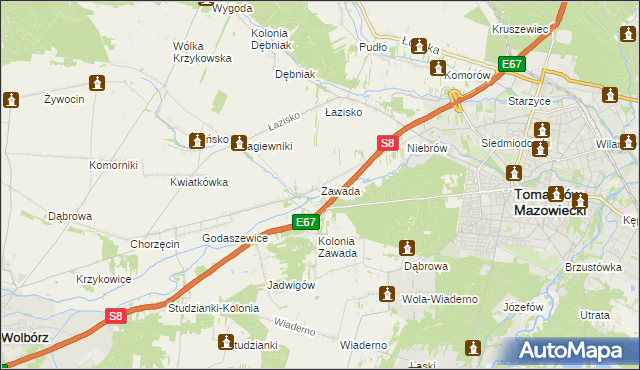 mapa Zawada gmina Tomaszów Mazowiecki, Zawada gmina Tomaszów Mazowiecki na mapie Targeo