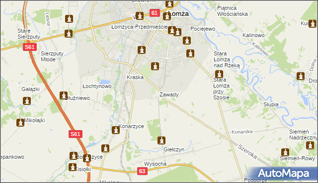 mapa Zawady gmina Łomża, Zawady gmina Łomża na mapie Targeo