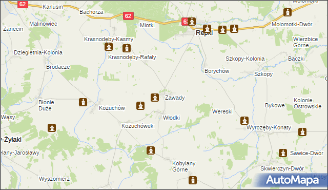 mapa Zawady gmina Repki, Zawady gmina Repki na mapie Targeo