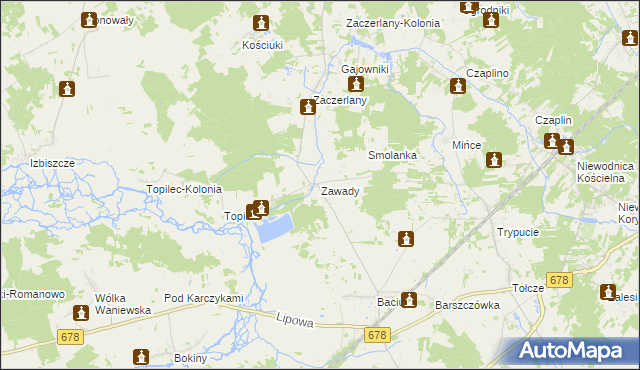 mapa Zawady gmina Turośń Kościelna, Zawady gmina Turośń Kościelna na mapie Targeo