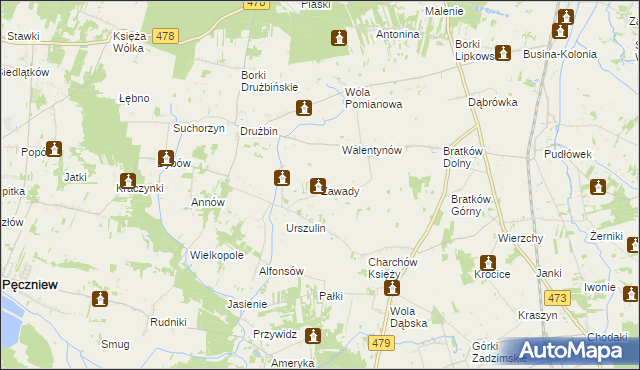 mapa Zawady gmina Zadzim, Zawady gmina Zadzim na mapie Targeo