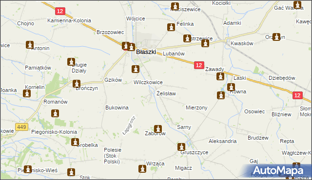 mapa Żelisław gmina Błaszki, Żelisław gmina Błaszki na mapie Targeo