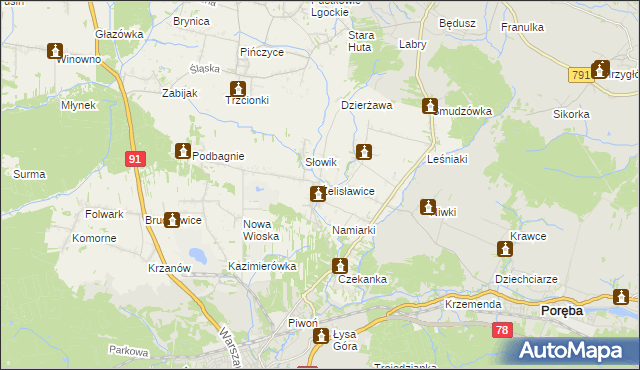 mapa Żelisławice gmina Siewierz, Żelisławice gmina Siewierz na mapie Targeo