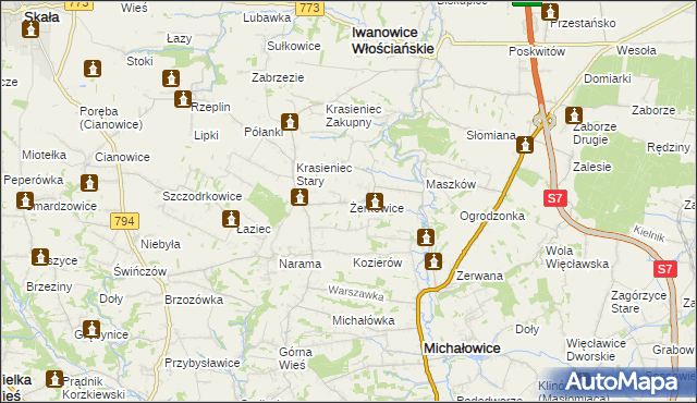 mapa Żerkowice gmina Iwanowice, Żerkowice gmina Iwanowice na mapie Targeo