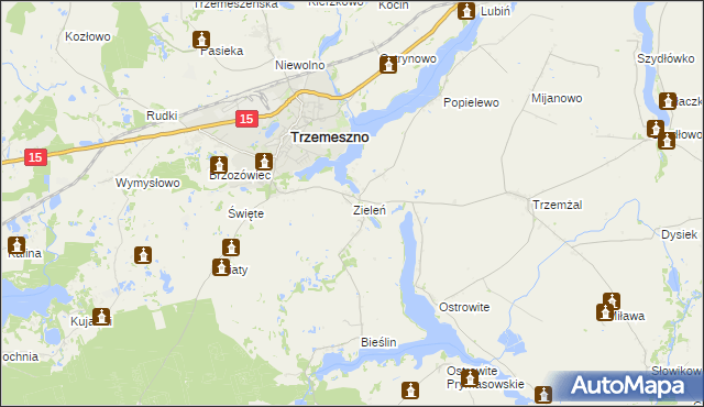 mapa Zieleń gmina Trzemeszno, Zieleń gmina Trzemeszno na mapie Targeo