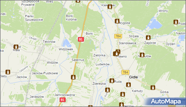 mapa Zielonka gmina Gidle, Zielonka gmina Gidle na mapie Targeo