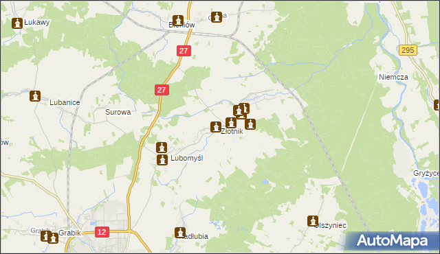 mapa Złotnik gmina Żary, Złotnik gmina Żary na mapie Targeo