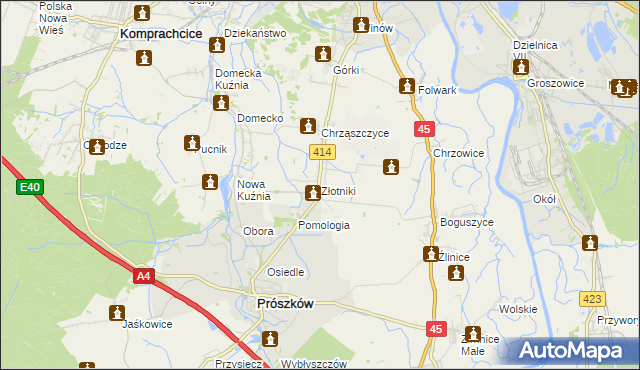 mapa Złotniki gmina Prószków, Złotniki gmina Prószków na mapie Targeo