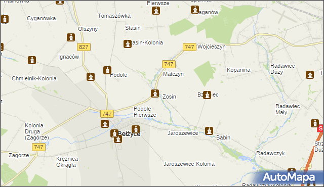 mapa Zosin gmina Bełżyce, Zosin gmina Bełżyce na mapie Targeo