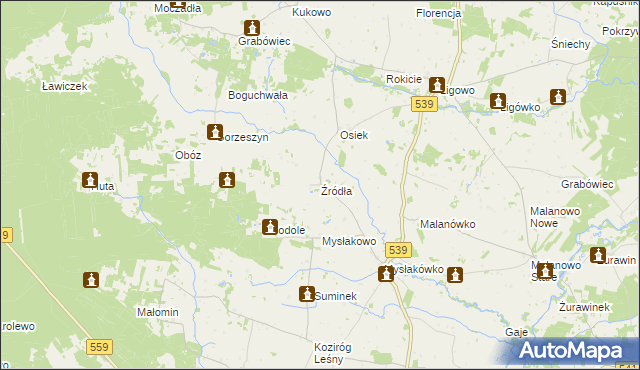 mapa Źródła gmina Tłuchowo, Źródła gmina Tłuchowo na mapie Targeo