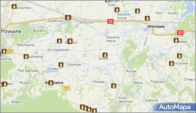 mapa Żuków gmina Wieniawa, Żuków gmina Wieniawa na mapie Targeo