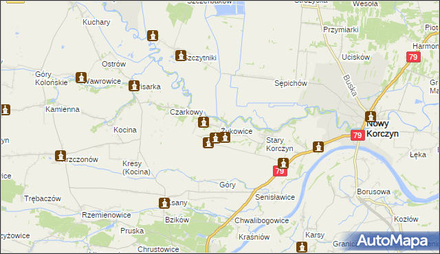 mapa Żukowice gmina Nowy Korczyn, Żukowice gmina Nowy Korczyn na mapie Targeo