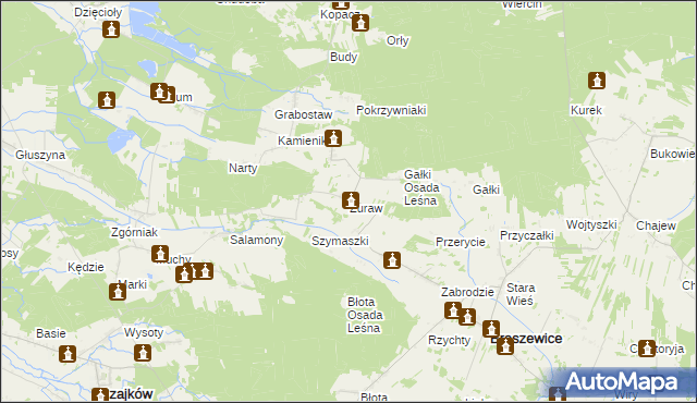 mapa Żuraw gmina Brąszewice, Żuraw gmina Brąszewice na mapie Targeo