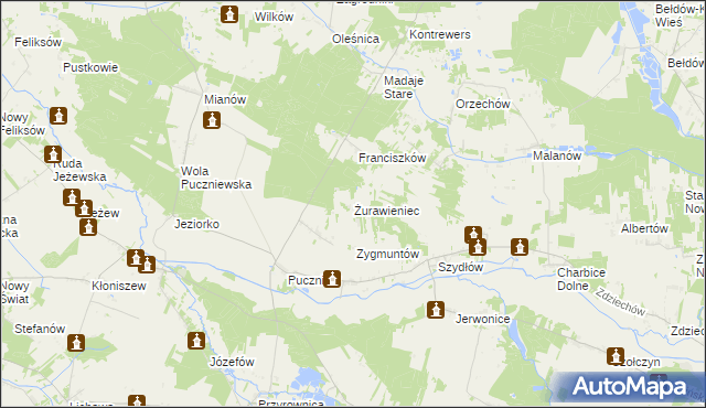 mapa Żurawieniec gmina Lutomiersk, Żurawieniec gmina Lutomiersk na mapie Targeo