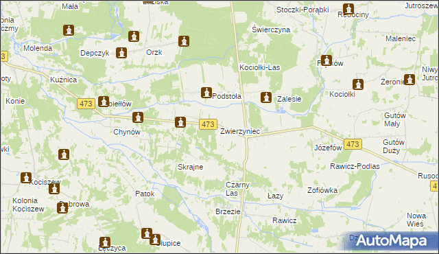 mapa Zwierzyniec gmina Drużbice, Zwierzyniec gmina Drużbice na mapie Targeo