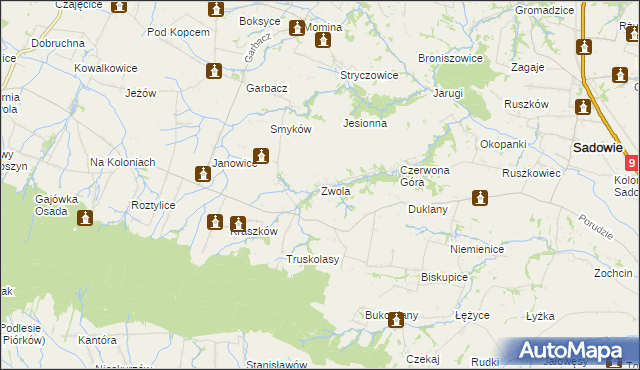 mapa Zwola gmina Sadowie, Zwola gmina Sadowie na mapie Targeo