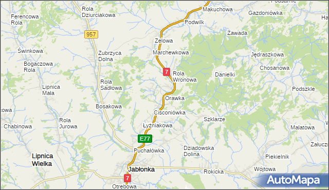 mapa Orawka gmina Jabłonka, Orawka gmina Jabłonka na mapie Targeo