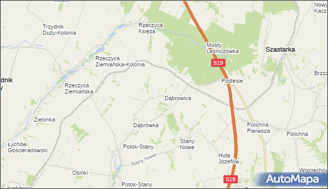 mapa Dąbrowica gmina Potok Wielki, Dąbrowica gmina Potok Wielki na mapie Targeo