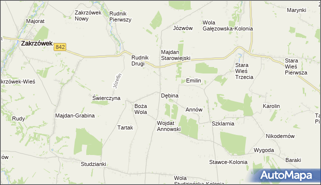 mapa Dębina gmina Zakrzew, Dębina gmina Zakrzew na mapie Targeo