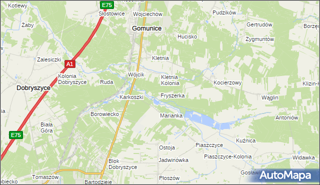 mapa Fryszerka gmina Gomunice, Fryszerka gmina Gomunice na mapie Targeo