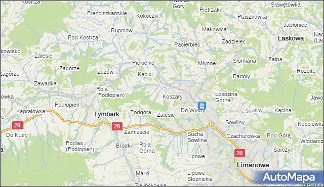 mapa Koszary gmina Limanowa, Koszary gmina Limanowa na mapie Targeo