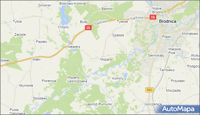 mapa Mszano gmina Brodnica, Mszano gmina Brodnica na mapie Targeo
