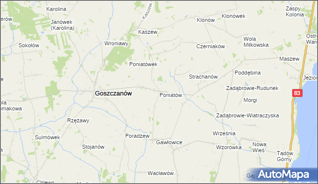 mapa Poniatów gmina Goszczanów, Poniatów gmina Goszczanów na mapie Targeo