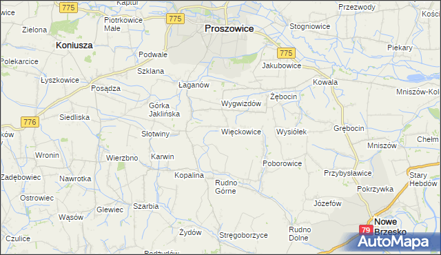 mapa Więckowice gmina Proszowice, Więckowice gmina Proszowice na mapie Targeo