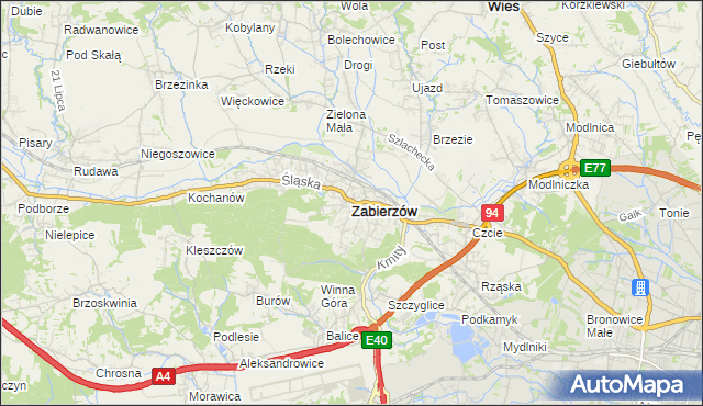 mapa Zabierzów powiat krakowski, Zabierzów powiat krakowski na mapie Targeo