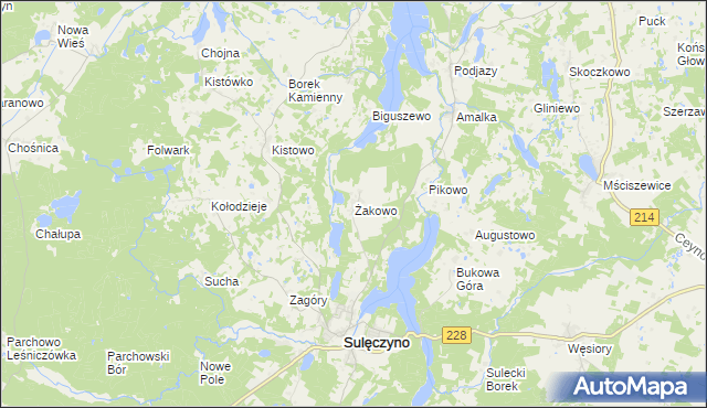 mapa Żakowo gmina Sulęczyno, Żakowo gmina Sulęczyno na mapie Targeo