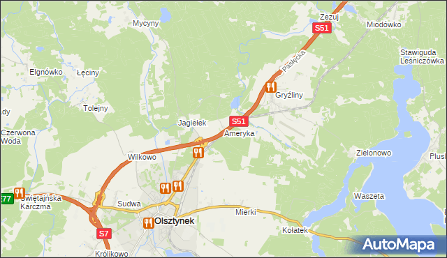 mapa Ameryka gmina Olsztynek, Ameryka gmina Olsztynek na mapie Targeo