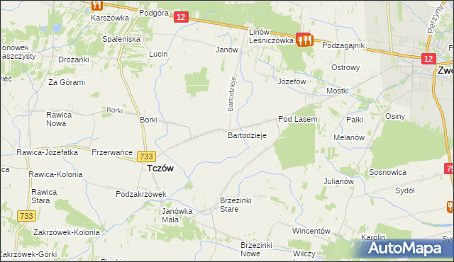 mapa Bartodzieje gmina Tczów, Bartodzieje gmina Tczów na mapie Targeo