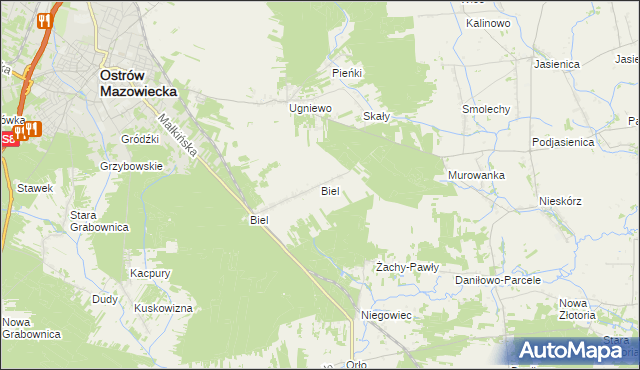 mapa Biel gmina Ostrów Mazowiecka, Biel gmina Ostrów Mazowiecka na mapie Targeo