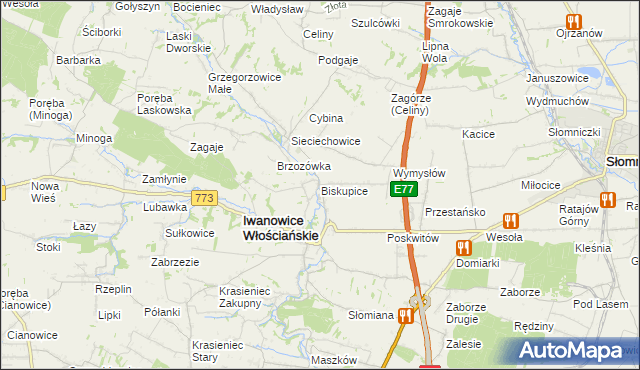 mapa Biskupice gmina Iwanowice, Biskupice gmina Iwanowice na mapie Targeo