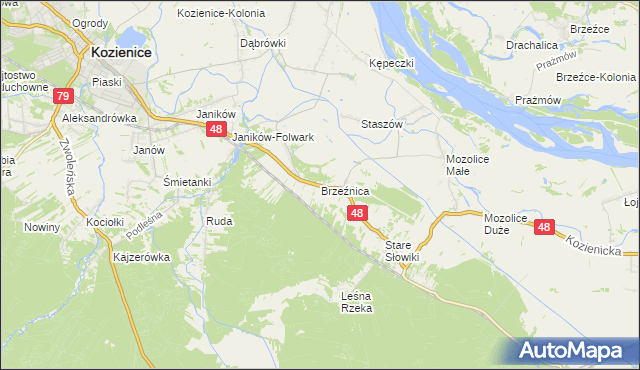 mapa Brzeźnica gmina Kozienice, Brzeźnica gmina Kozienice na mapie Targeo