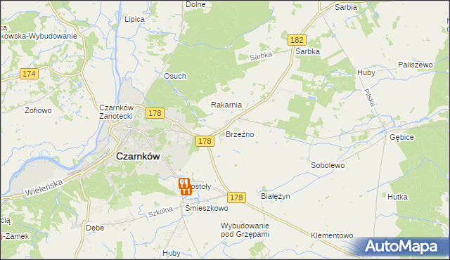 mapa Brzeźno gmina Czarnków, Brzeźno gmina Czarnków na mapie Targeo