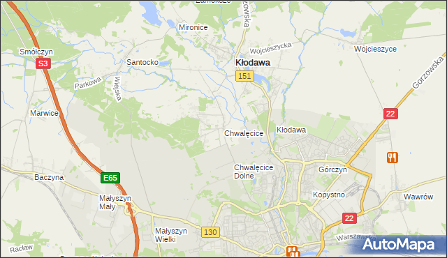 mapa Chwalęcice gmina Kłodawa, Chwalęcice gmina Kłodawa na mapie Targeo