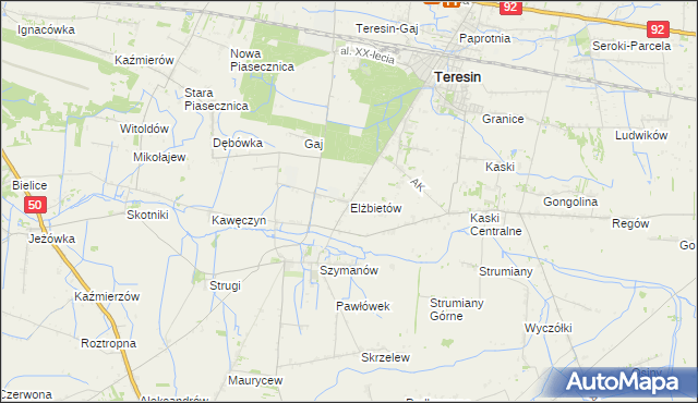 mapa Elżbietów gmina Teresin, Elżbietów gmina Teresin na mapie Targeo