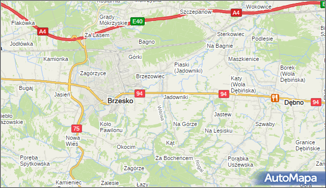 mapa Jadowniki gmina Brzesko, Jadowniki gmina Brzesko na mapie Targeo