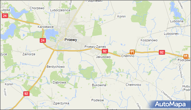 mapa Jakubowo gmina Pniewy, Jakubowo gmina Pniewy na mapie Targeo