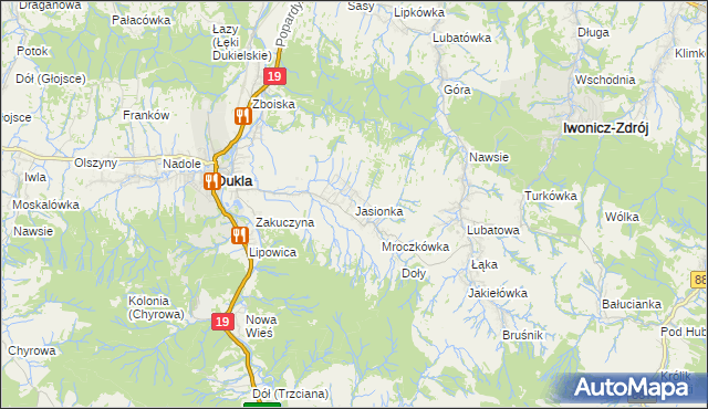 mapa Jasionka gmina Dukla, Jasionka gmina Dukla na mapie Targeo