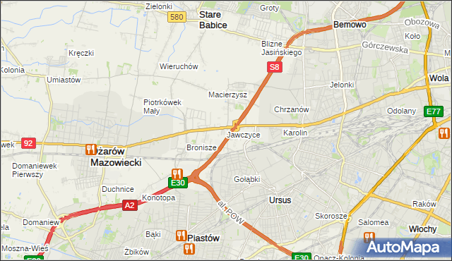 mapa Jawczyce gmina Ożarów Mazowiecki, Jawczyce gmina Ożarów Mazowiecki na mapie Targeo