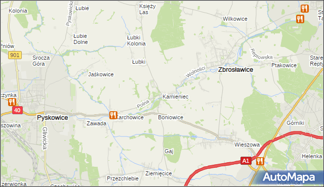mapa Kamieniec gmina Zbrosławice, Kamieniec gmina Zbrosławice na mapie Targeo