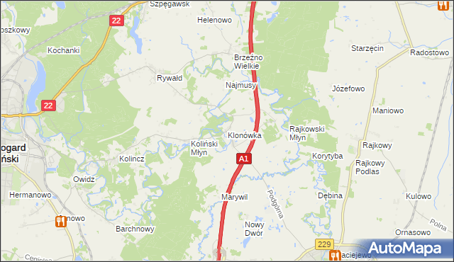 mapa Klonówka gmina Starogard Gdański, Klonówka gmina Starogard Gdański na mapie Targeo