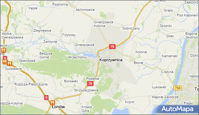 mapa Koprzywnica powiat sandomierski, Koprzywnica powiat sandomierski na mapie Targeo