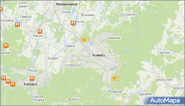 mapa Kowary powiat jeleniogórski, Kowary powiat jeleniogórski na mapie Targeo