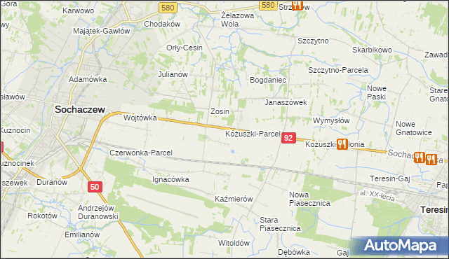 mapa Kożuszki-Parcel, Kożuszki-Parcel na mapie Targeo