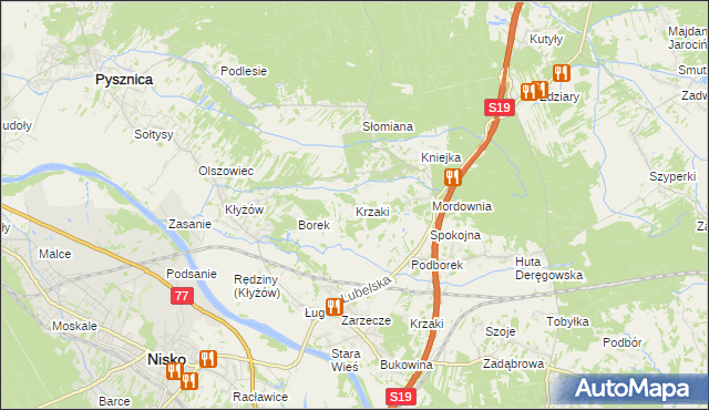 mapa Krzaki gmina Pysznica, Krzaki gmina Pysznica na mapie Targeo