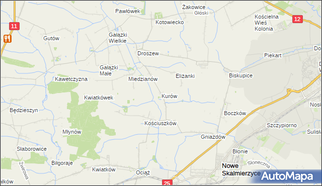 mapa Kurów gmina Nowe Skalmierzyce, Kurów gmina Nowe Skalmierzyce na mapie Targeo