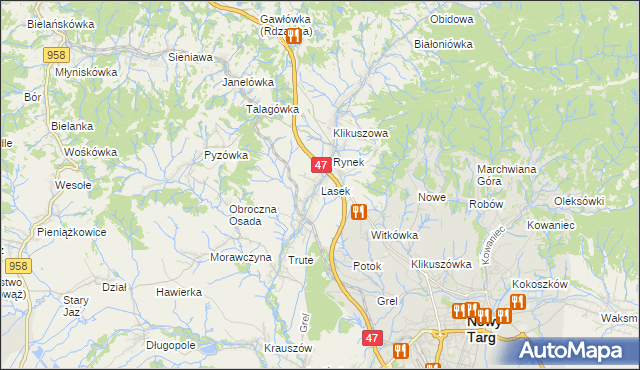 mapa Lasek gmina Nowy Targ, Lasek gmina Nowy Targ na mapie Targeo